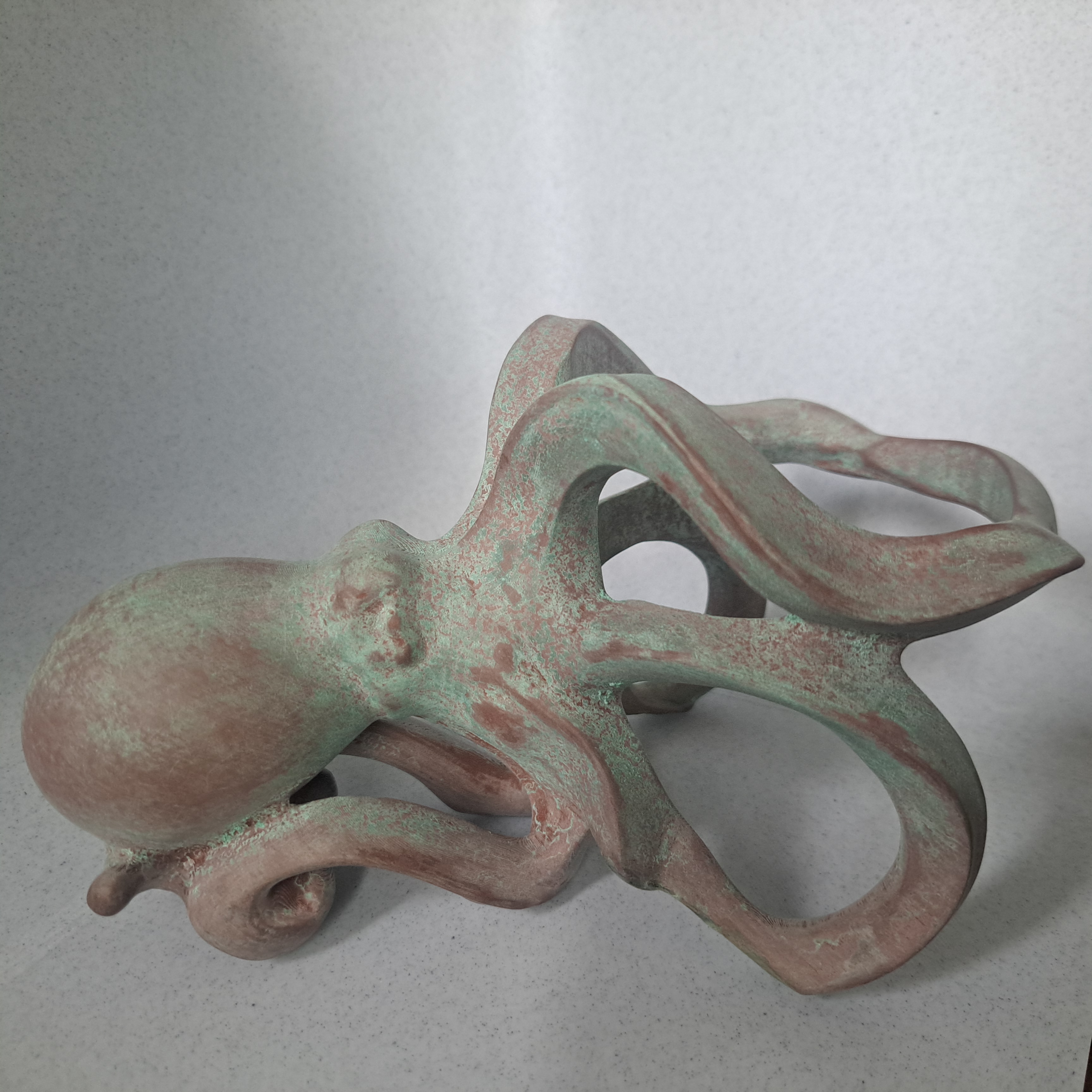 Octopus wine bottle holder with verdigris patina study, side view